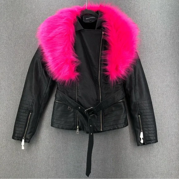 Faux Leather Jacket Pink Faux Fur Collar Women's Faux Fur Collar